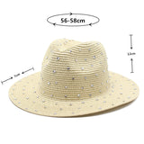 Beige Women's Wide-Brim Straw Hat with Rhinestones - Elegant and Breathable Sun Hat for Summer Outdoors,M(56-58cm)