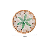 (Green Leaf Pattern) Set of 5 Rattan & Shell Coasters - Decorative & Heat Resistant