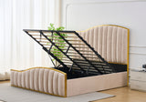 Elegant Bedding Luxury King Size Bedframe in Beige with Gas Lift Storage Velvet Fabric Golden Trim