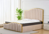 Elegant Bedding Luxury King Size Bedframe in Beige with Gas Lift Storage Velvet Fabric Golden Trim