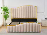 Elegant Bedding Luxury King Size Bedframe in Beige with Gas Lift Storage Velvet Fabric Golden Trim
