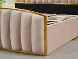 Elegant Bedding Luxury King Size Bedframe in Beige with Gas Lift Storage Velvet Fabric Golden Trim