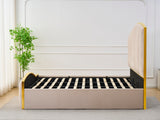 Elegant Bedding Luxury King Size Bedframe in Beige with Gas Lift Storage Velvet Fabric Golden Trim