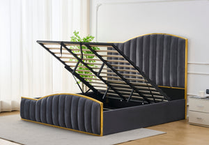 Elegant Bedding Charcoal Color King Size Luxury Bedframe with Gas Lift Storage Velvet Fabric Golden Trim