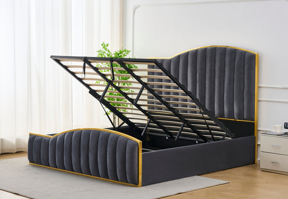 Elegant Bedding Charcoal Color King Size Luxury Bedframe with Gas Lift Storage Velvet Fabric Golden Trim
