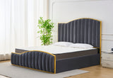 Elegant Bedding Charcoal Color King Size Luxury Bedframe with Gas Lift Storage Velvet Fabric Golden Trim