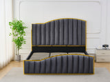 Elegant Bedding Charcoal Color King Size Luxury Bedframe with Gas Lift Storage Velvet Fabric Golden Trim