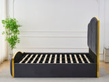 Elegant Bedding Charcoal Color King Size Luxury Bedframe with Gas Lift Storage Velvet Fabric Golden Trim