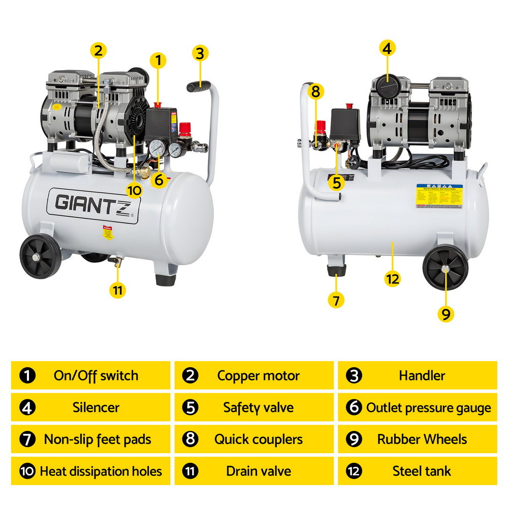 Air Compressors: Giantz 24L Air Compressor Quiet 0.75HP Oil-Free Portable Tyre Inflator 40L/Min
