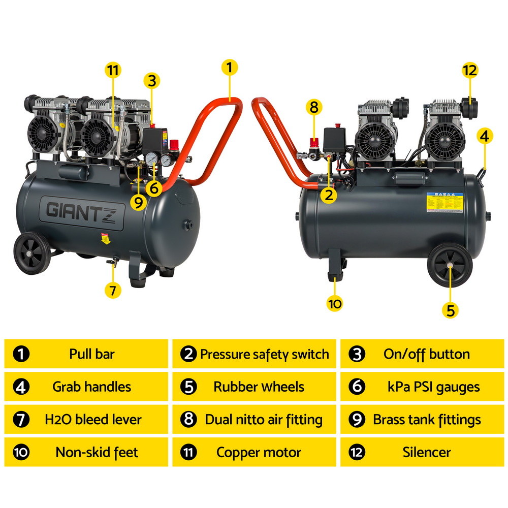 Air Compressors: Giantz 50L Air Compressor Quiet 3.0HP Oil-Free Portable Tyre Inflator 200L/Min