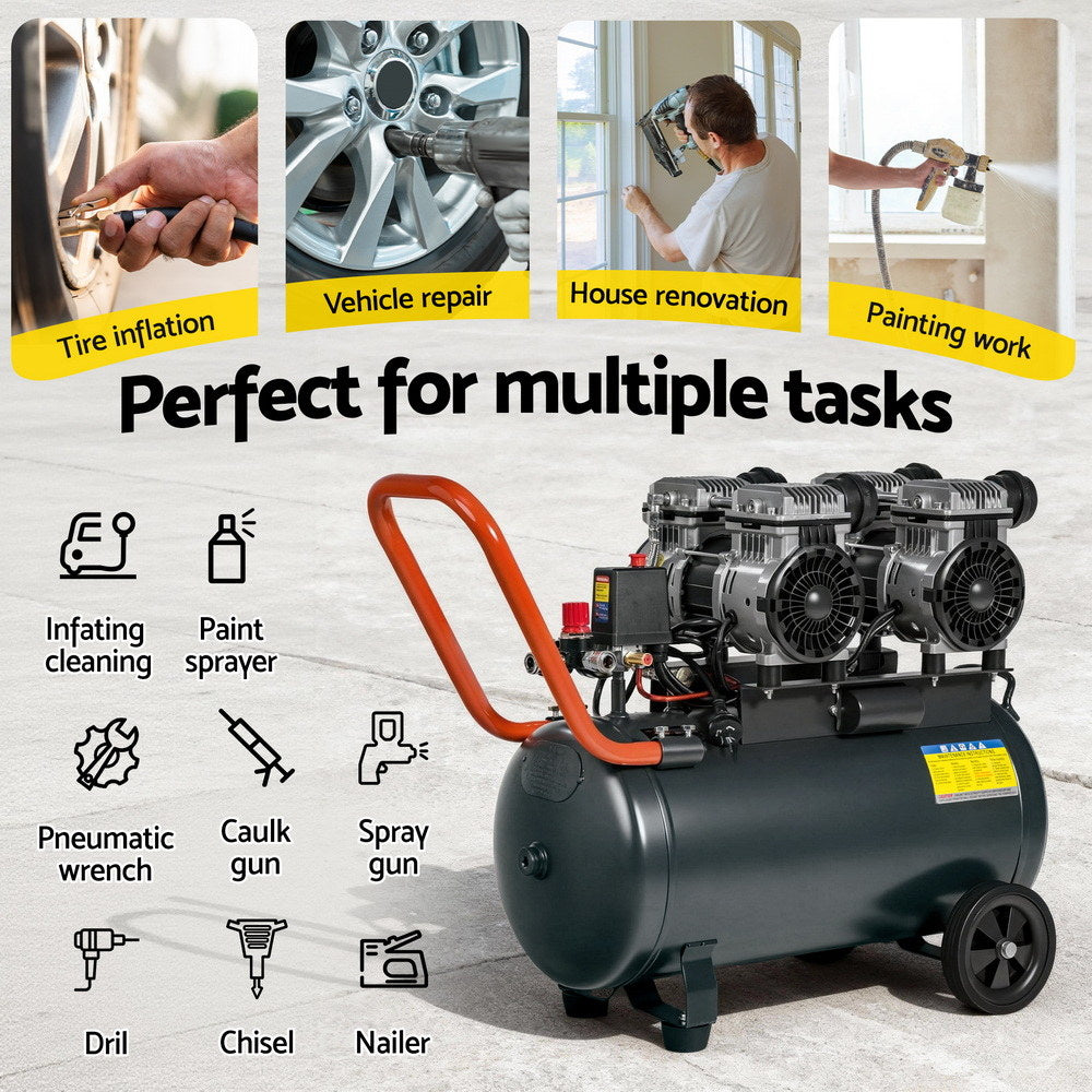 Air Compressors: Giantz 50L Air Compressor Quiet 3.0HP Oil-Free Portable Tyre Inflator 200L/Min