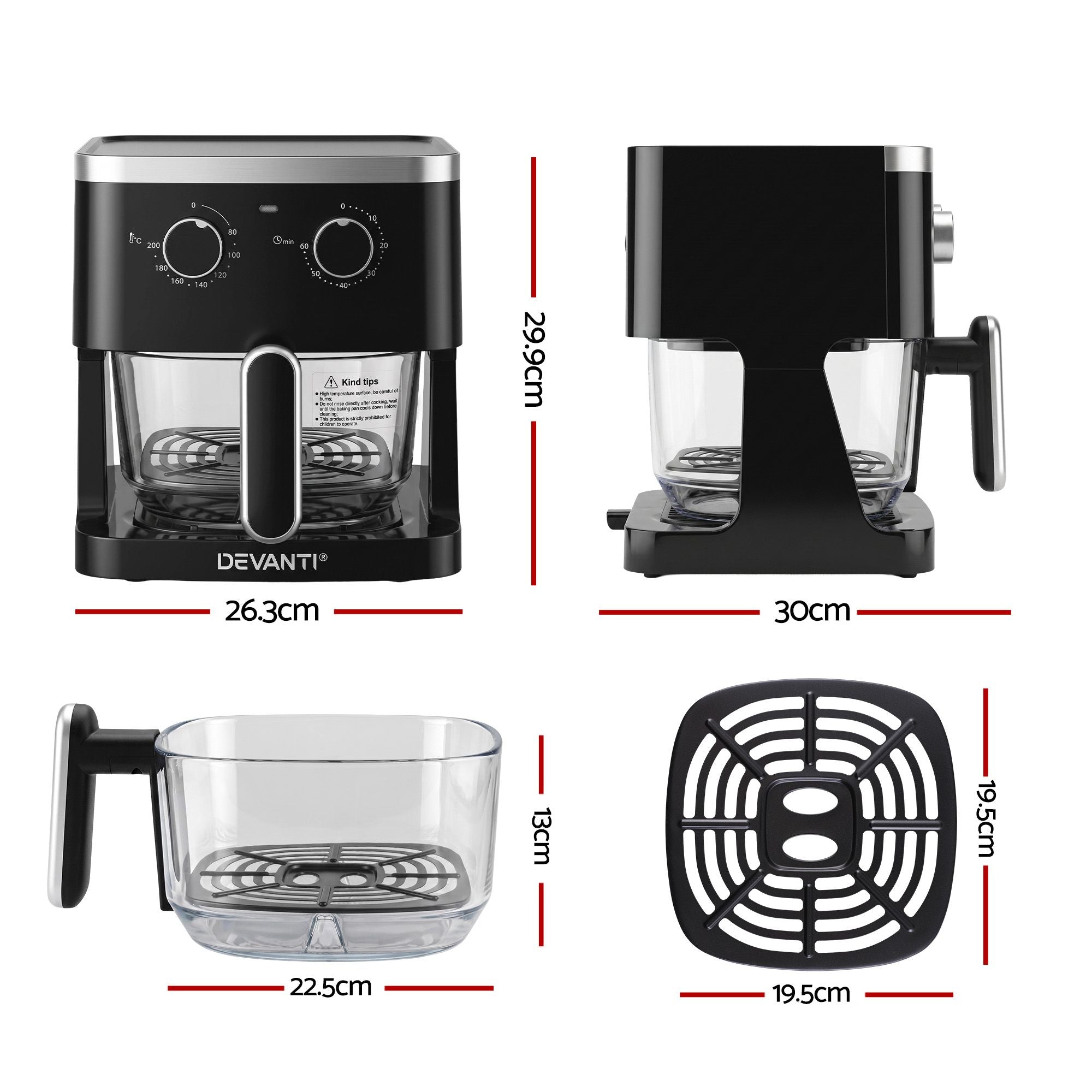 Devanti 4.5L Glass Air Fryer Kitchen Oven Knob Control 1350W Healthy Cooker Black