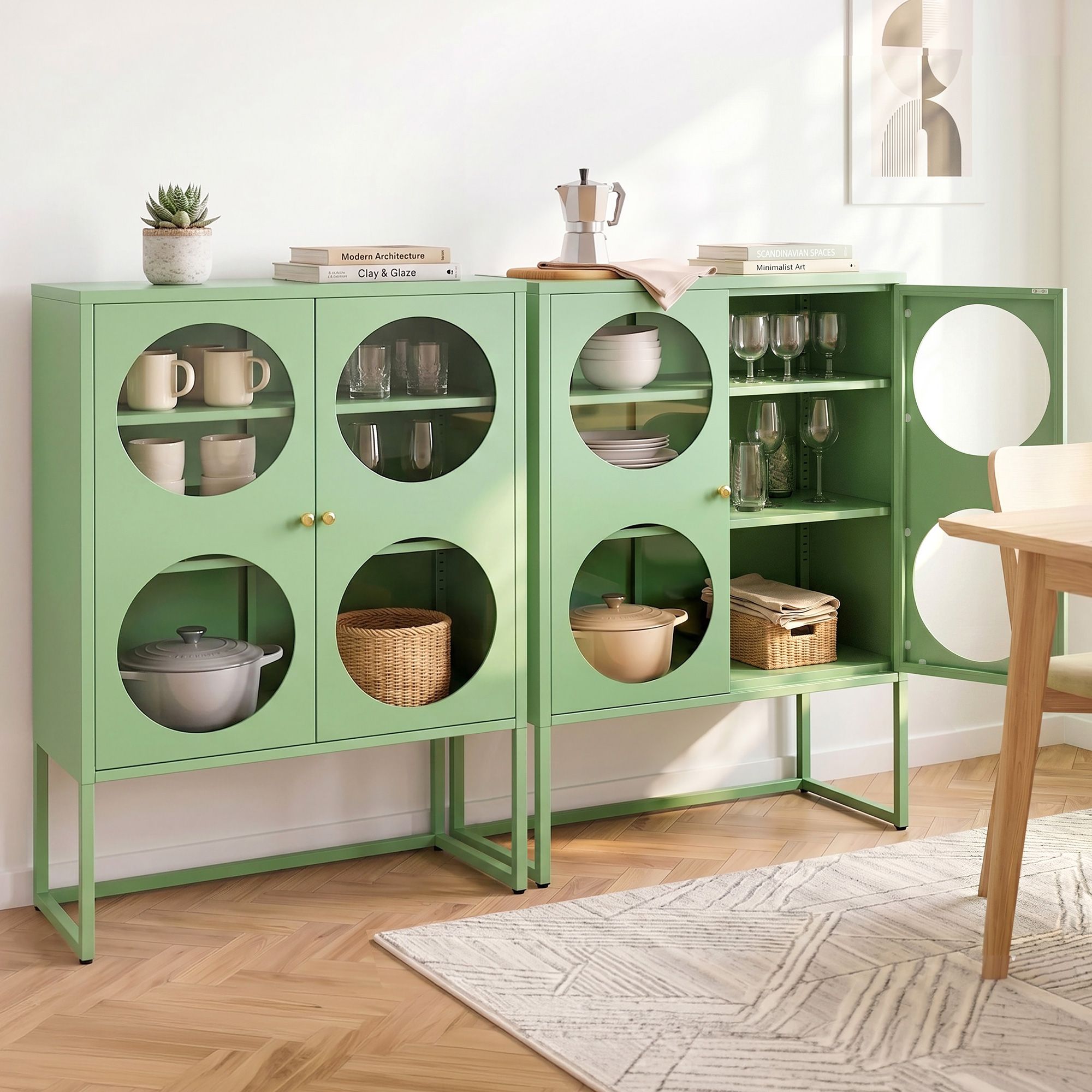 Artiss 2x Buffet Sideboard Cabinet ELLA Cupboard Storage Glass Doors Metal Green