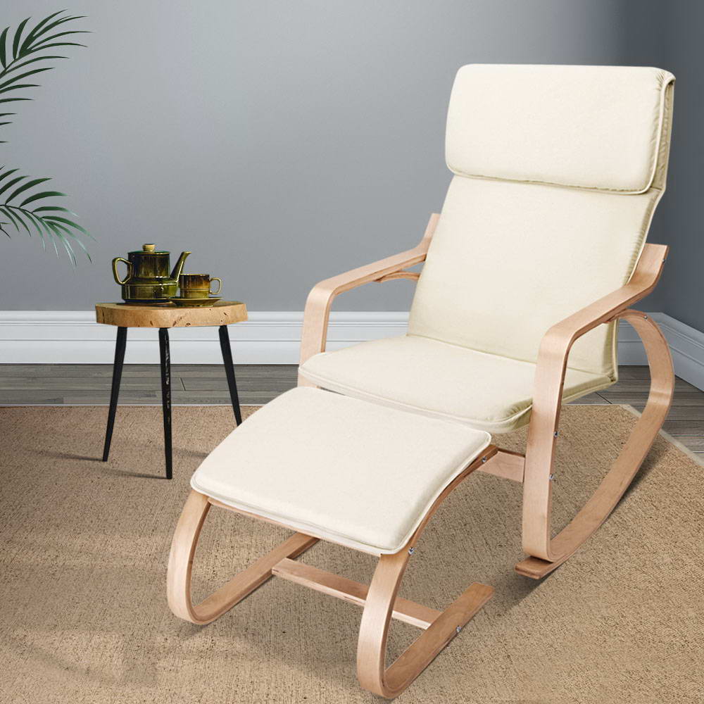 Arm Chairs & Recliners: Artiss Rocking Armchair Footstool Bentwood Beige