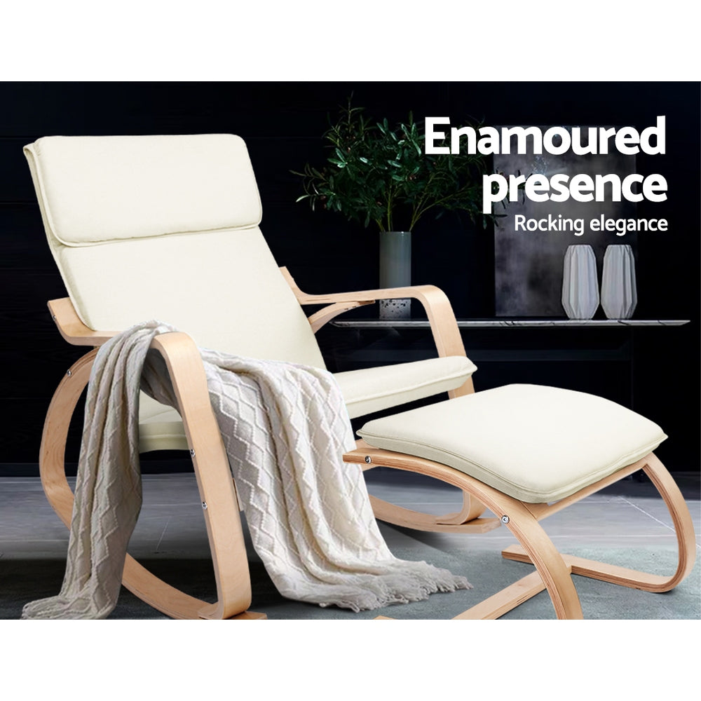 Arm Chairs & Recliners: Artiss Rocking Armchair Footstool Bentwood Beige