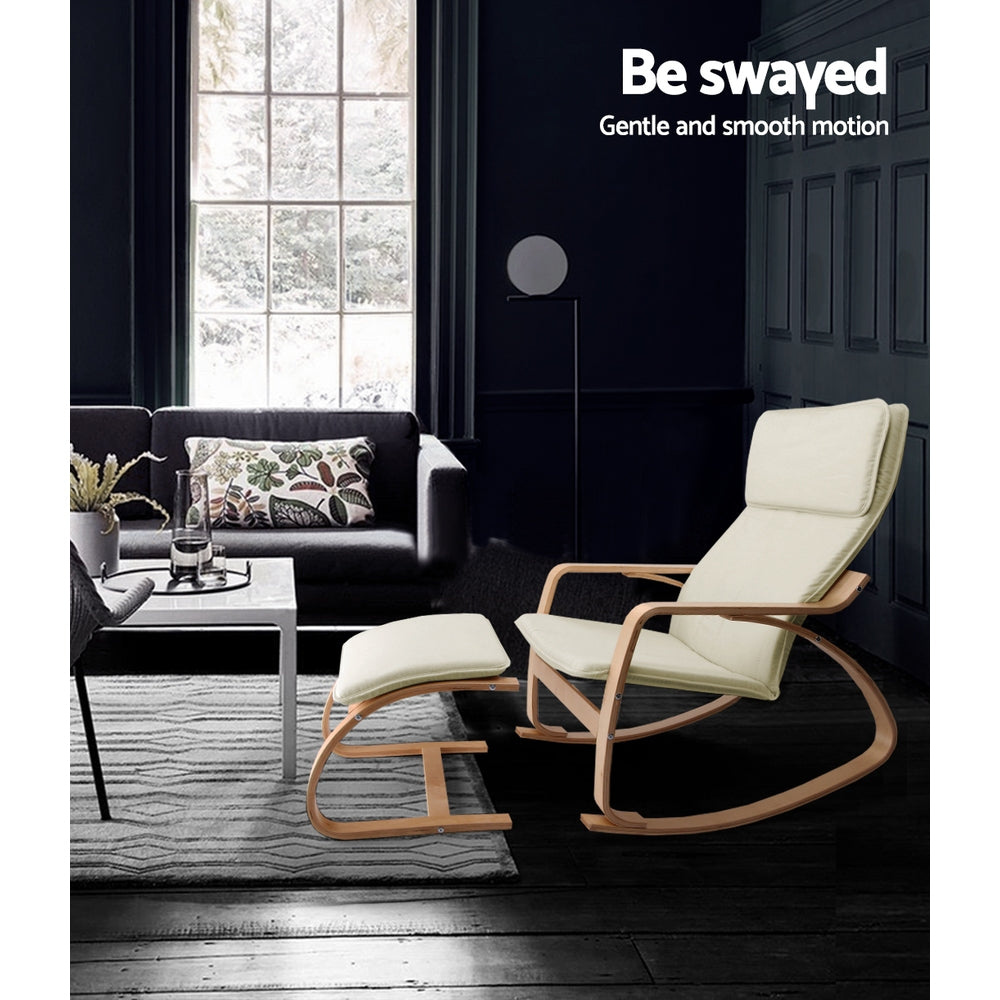 Arm Chairs & Recliners: Artiss Rocking Armchair Footstool Bentwood Beige