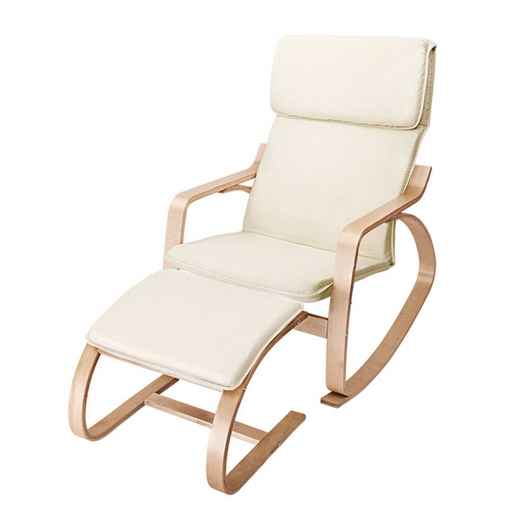 Arm Chairs & Recliners: Artiss Rocking Armchair Footstool Bentwood Beige