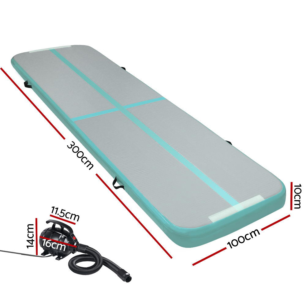 Gymnastics: Everfit GoFun 3X1M Inflatable Air Track Mat with Pump Tumbling Gymnastics Green