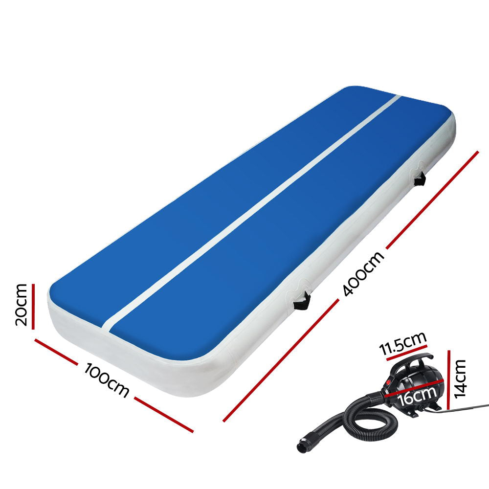 Gymnastics: Everfit 4X1M Inflatable Air Track Mat 20CM Thick with Pump Tumbling Gymnastics Blue