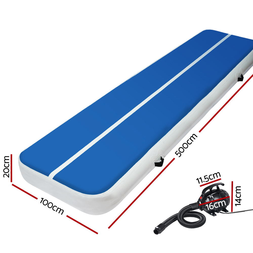 Gymnastics: Everfit 5X1M Inflatable Air Track Mat 20CM Thick with Pump Tumbling Gymnastics Blue