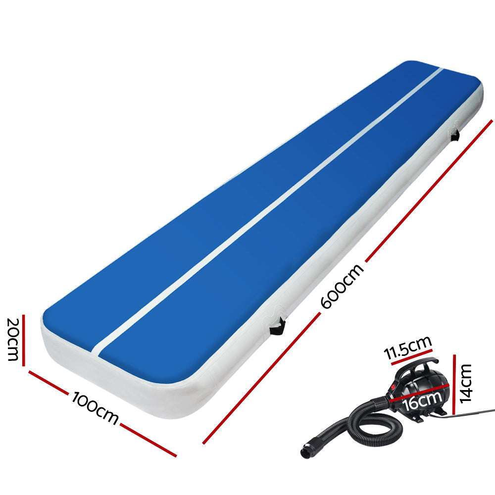 Gymnastics: Everfit 6X1M Inflatable Air Track Mat 20CM Thick with Pump Tumbling Gymnastics Blue