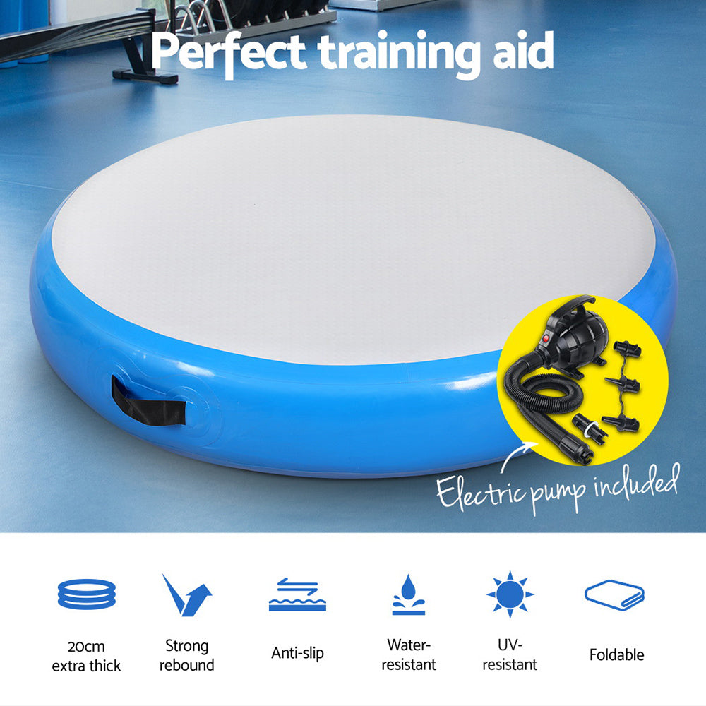 Gymnastics: Everfit 1m Air Track Spot Inflatable Gymnastics Tumbling Mat Round W/ Pump Blue