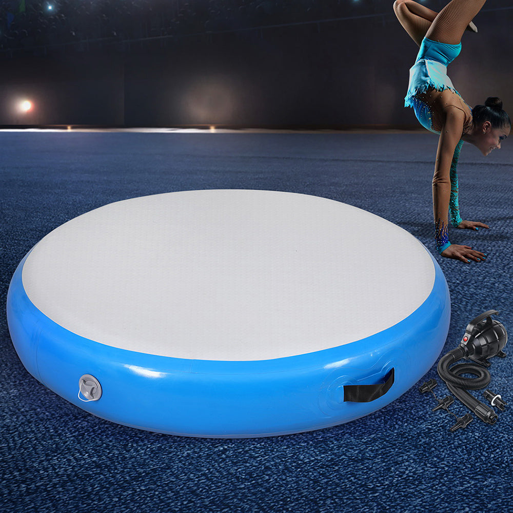 Gymnastics: Everfit 1m Air Track Spot Inflatable Gymnastics Tumbling Mat Round W/ Pump Blue