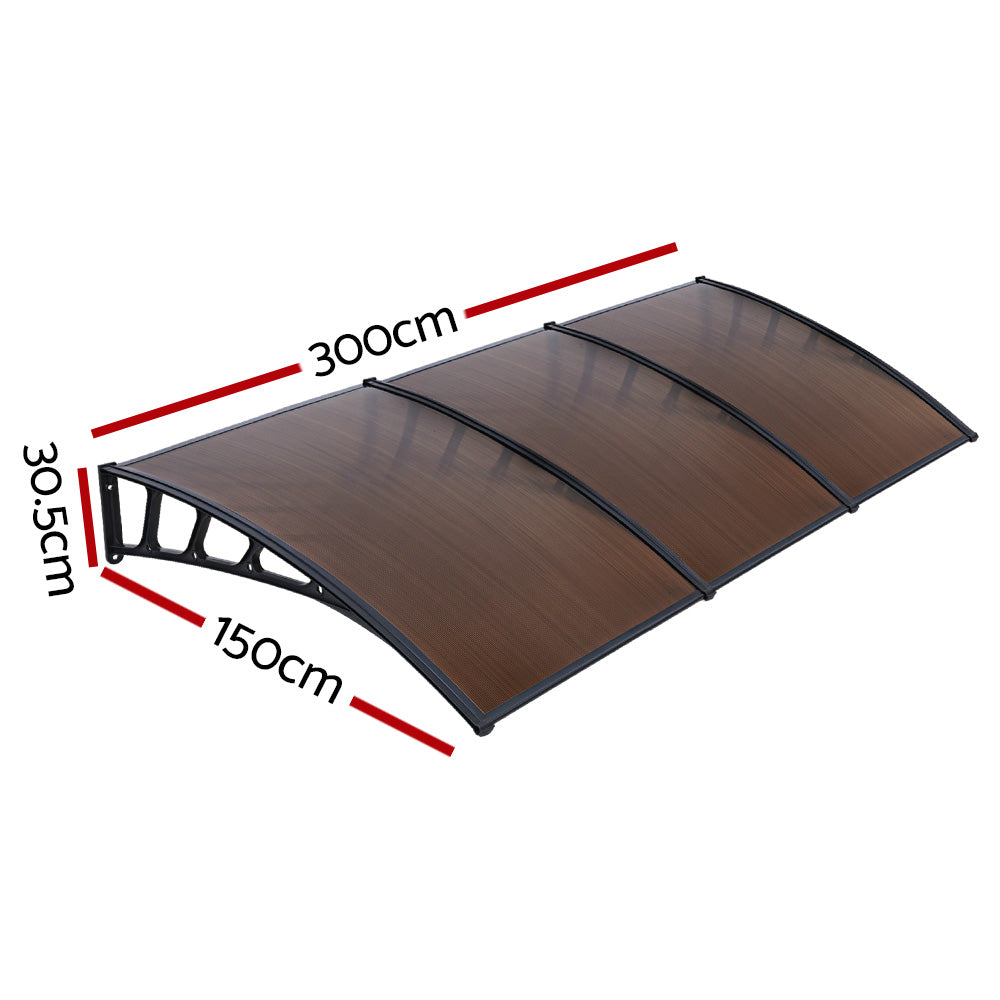 Awnings: Instahut Window Door Awning Canopy 1.5mx3m Brown Sheet Black Plastic Frame