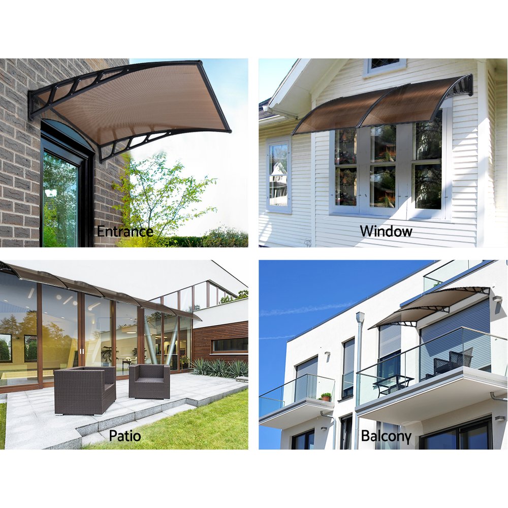 Awnings: Instahut Window Door Awning Canopy 1.5mx3m Brown Sheet Black Plastic Frame