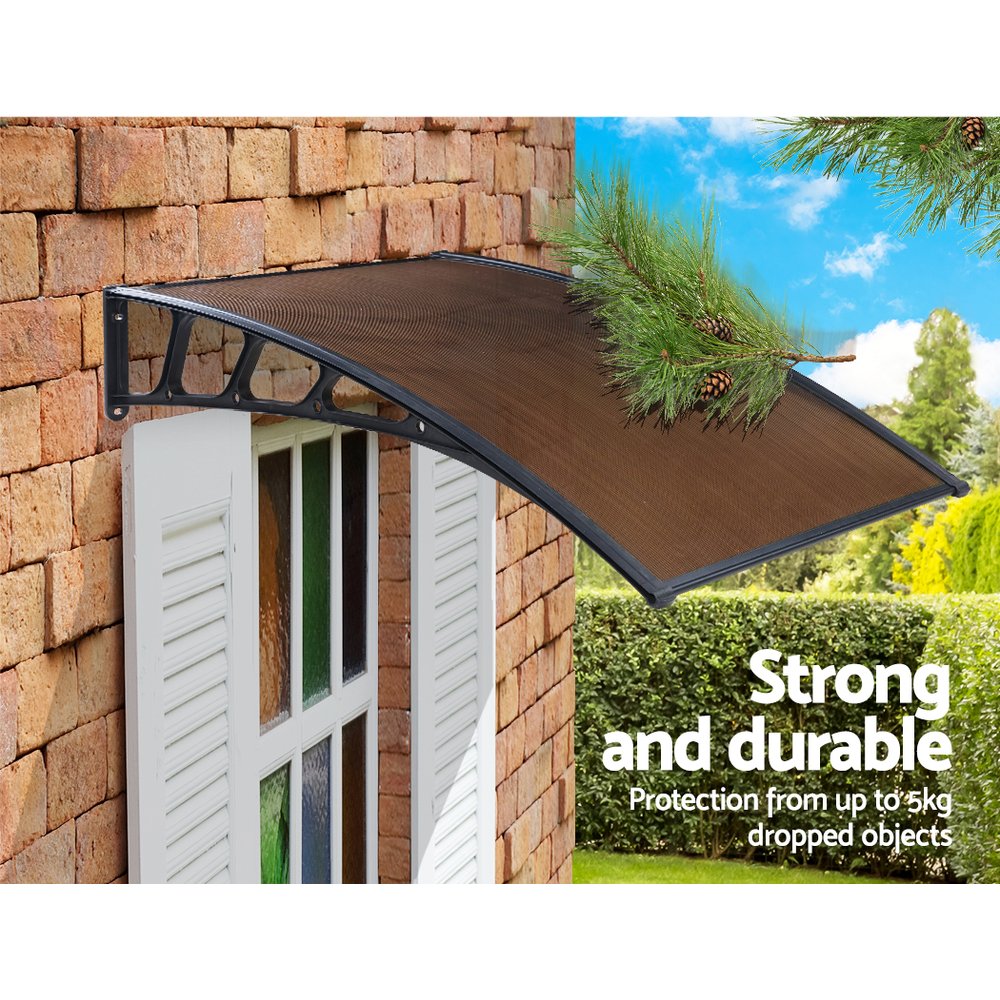 Awnings: Instahut Window Door Awning Canopy 1.5mx3m Brown Sheet Black Plastic Frame