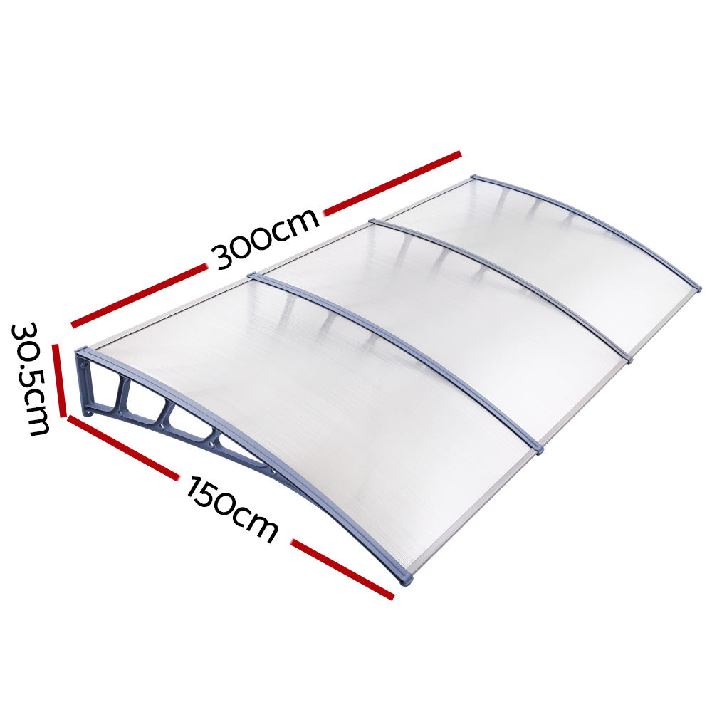 Awnings: Instahut Window Door Awning Canopy 1.5mx3m Transparent Sheet Grey Plastic Frame