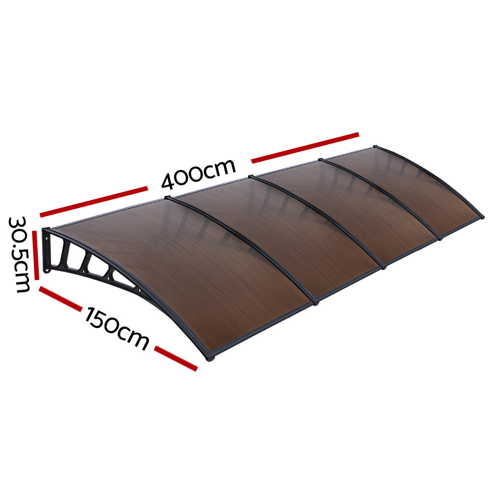 Awnings: Instahut Window Door Awning Canopy 1.5mx4m Brown Sheet Black Plastic Frame