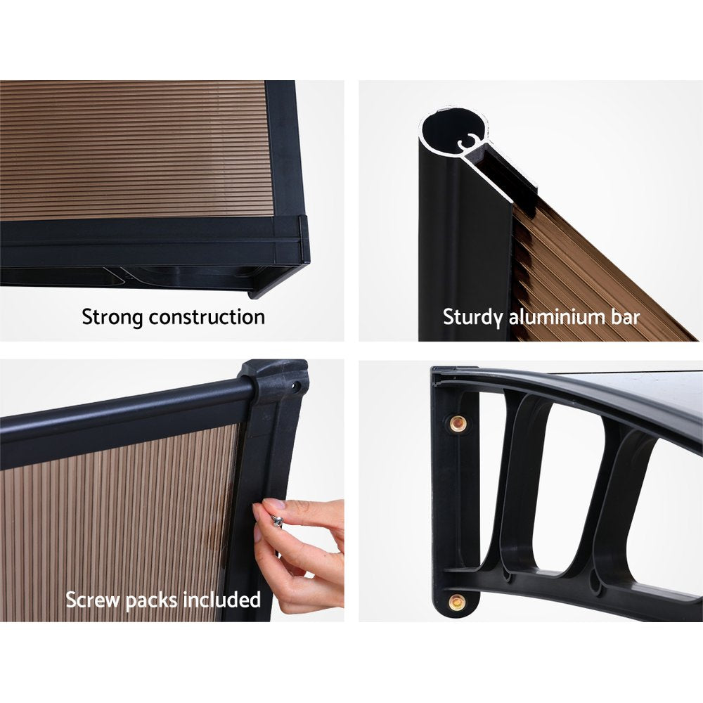 Awnings: Instahut Window Door Awning Canopy 1.5mx4m Brown Sheet Black Plastic Frame