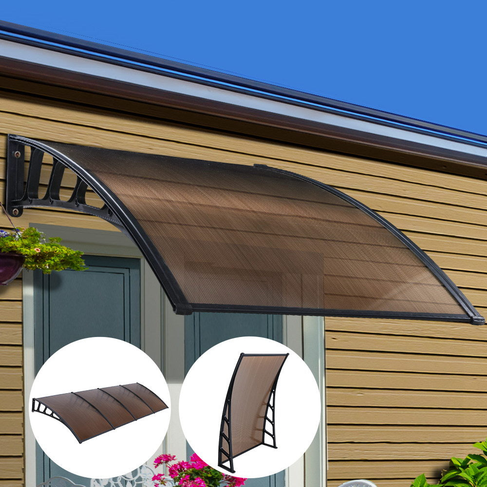 Awnings: Instahut Window Door Awning Canopy 1.5mx4m Brown Sheet Black Plastic Frame