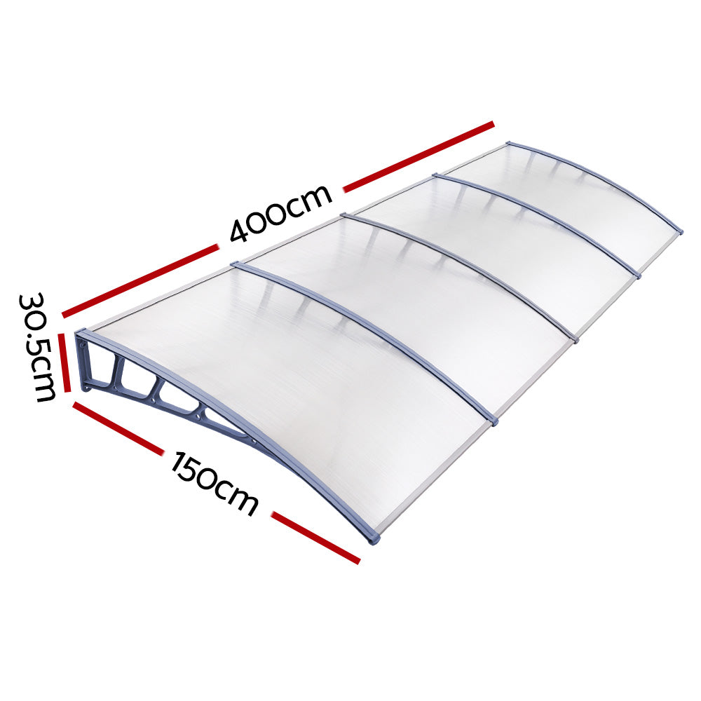 Awnings: Instahut Window Door Awning Canopy 1.5mx4m Transparent Sheet Grey Plastic Frame