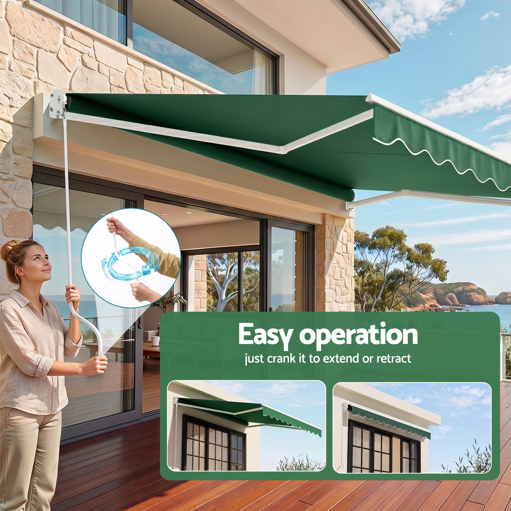 Instahut Retractable Folding Arm Awning Manual Sunshade 5Mx3M Dark Green