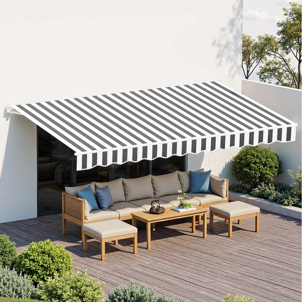 Awnings: Instahut Retractable Folding Arm Awning Manual Sunshade 5Mx3M Grey White