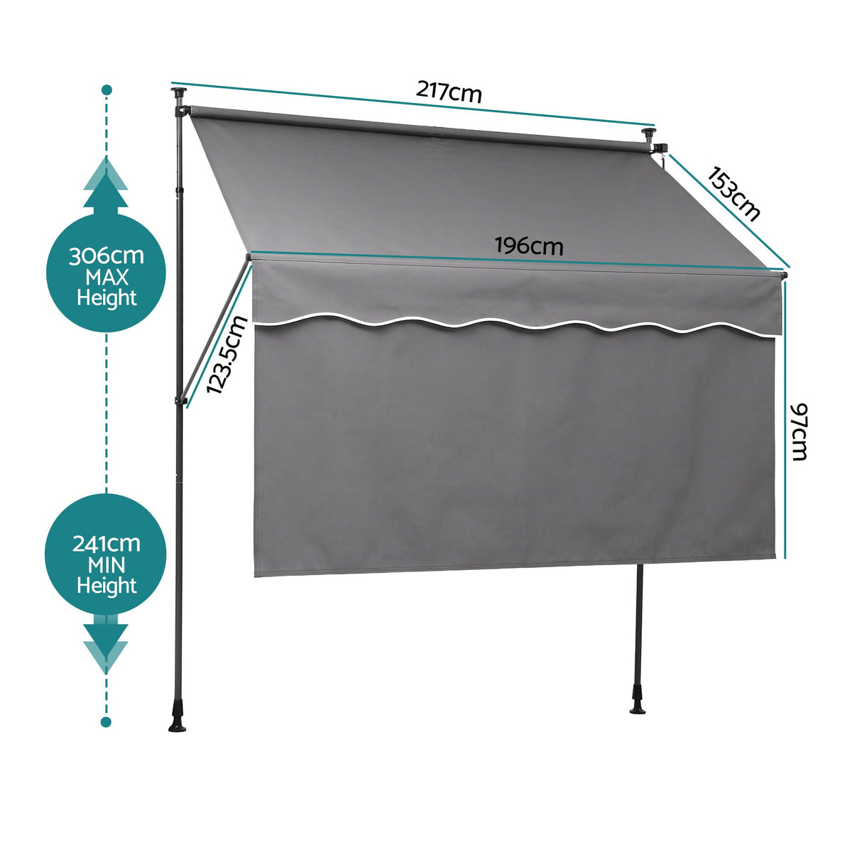 Instahut 2.1M x 1.8M Manual Pivot Arm Awning With Front Curtain Grey