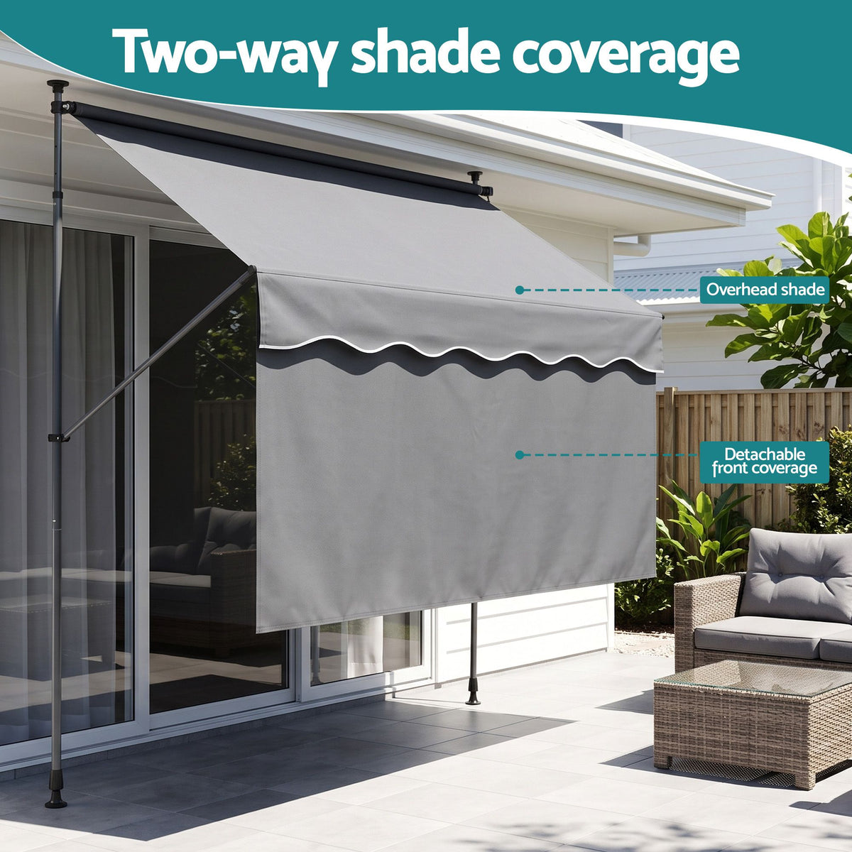 Instahut 2.1M x 1.8M Manual Pivot Arm Awning With Front Curtain Grey