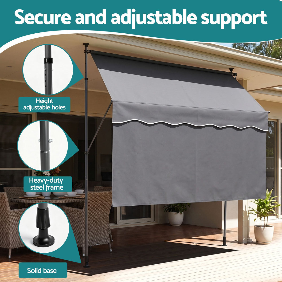 Instahut 2.1M x 1.8M Manual Pivot Arm Awning With Front Curtain Grey