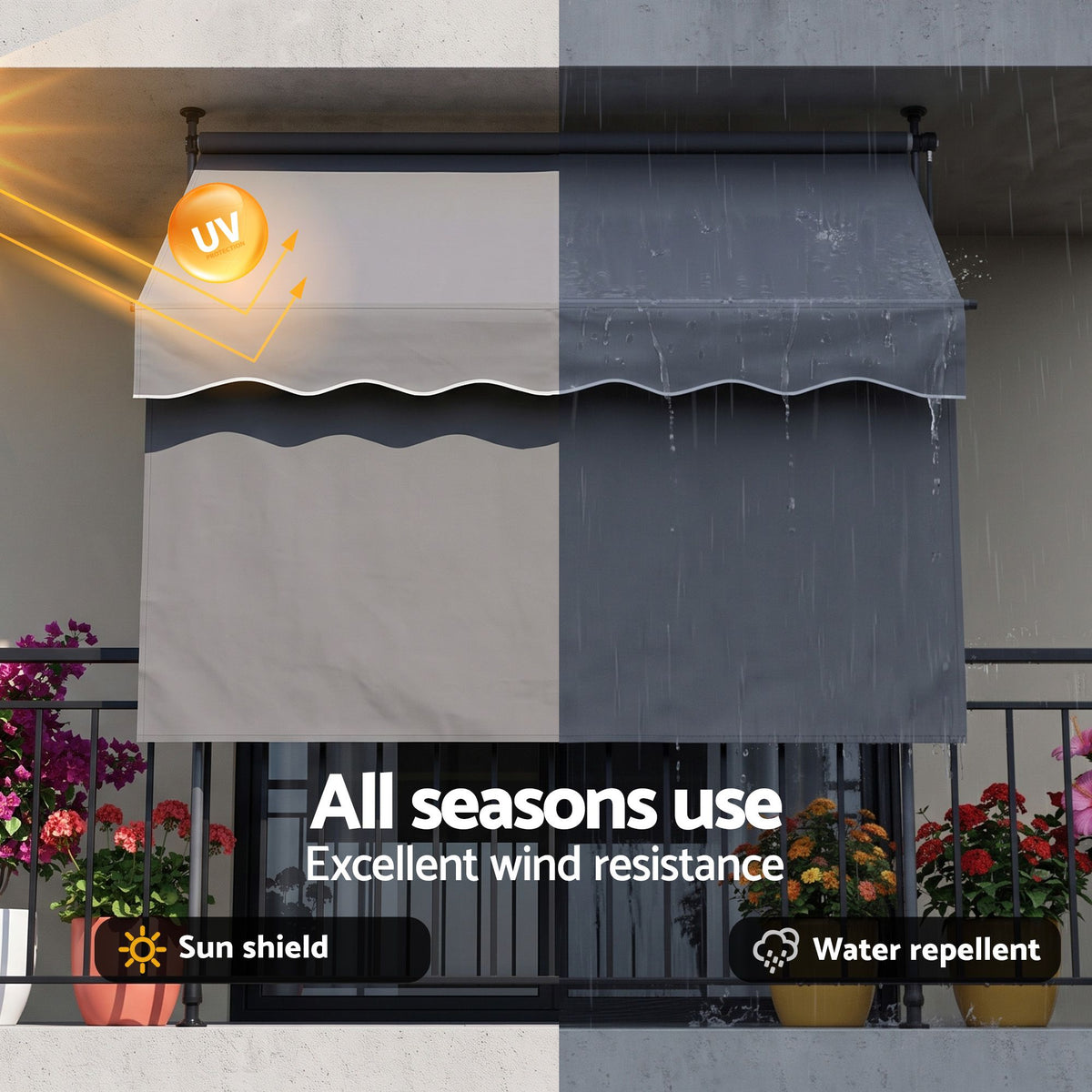 Instahut 2.1M x 1.8M Manual Pivot Arm Awning With Front Curtain Grey