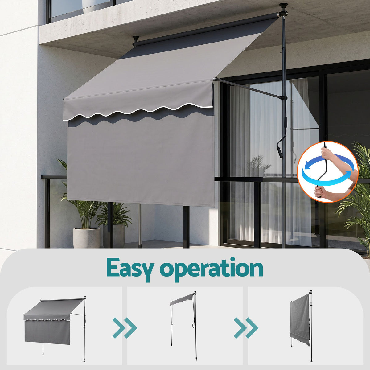 Instahut 2.1M x 1.8M Manual Pivot Arm Awning With Front Curtain Grey