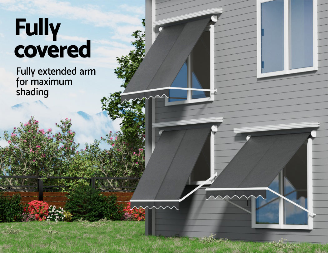 Awnings: Instahut Retractable Fixed Pivot Arm Window Awning Outdoor Blinds 2.1X2.1M Grey