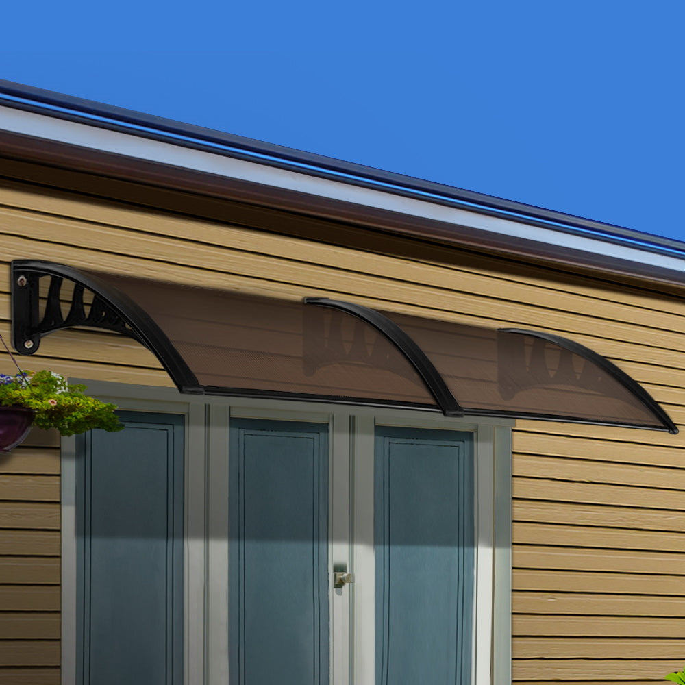 Awnings: Instahut Window Door Awning 1mx2.4m Brown Hollow Sheet Plastic Frame