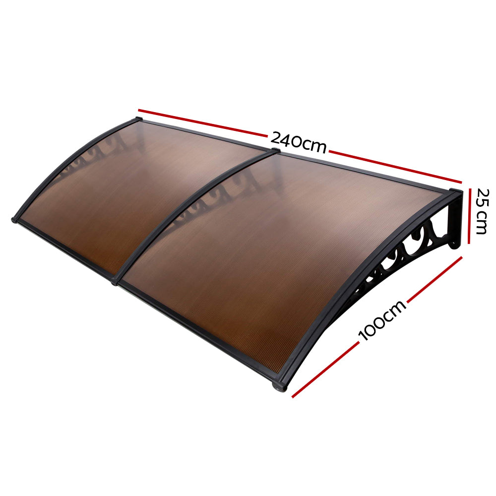 Awnings: Instahut Window Door Awning 1mx2.4m Brown Hollow Sheet Plastic Frame