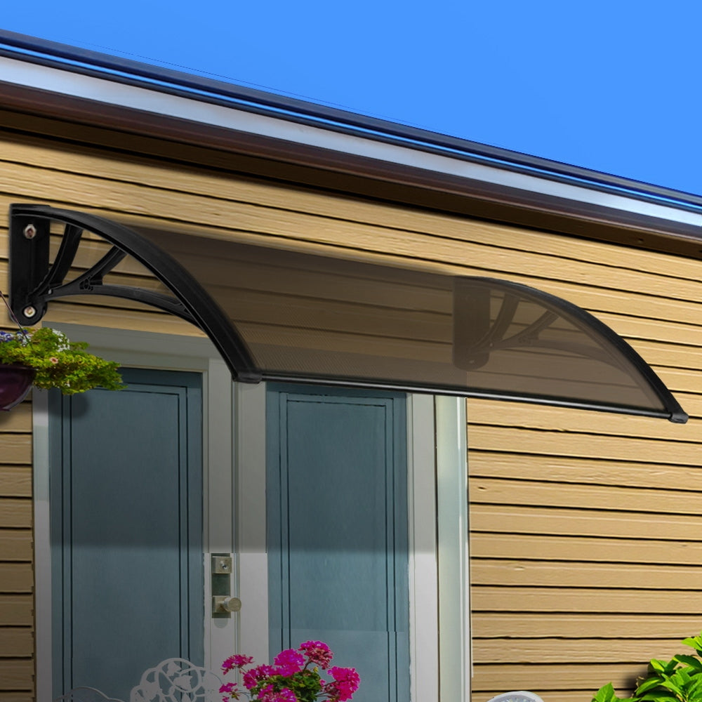 Awnings: Instahut Window Door Awning Canopy 1mx2m Brown Sheet Black Plastic Frame
