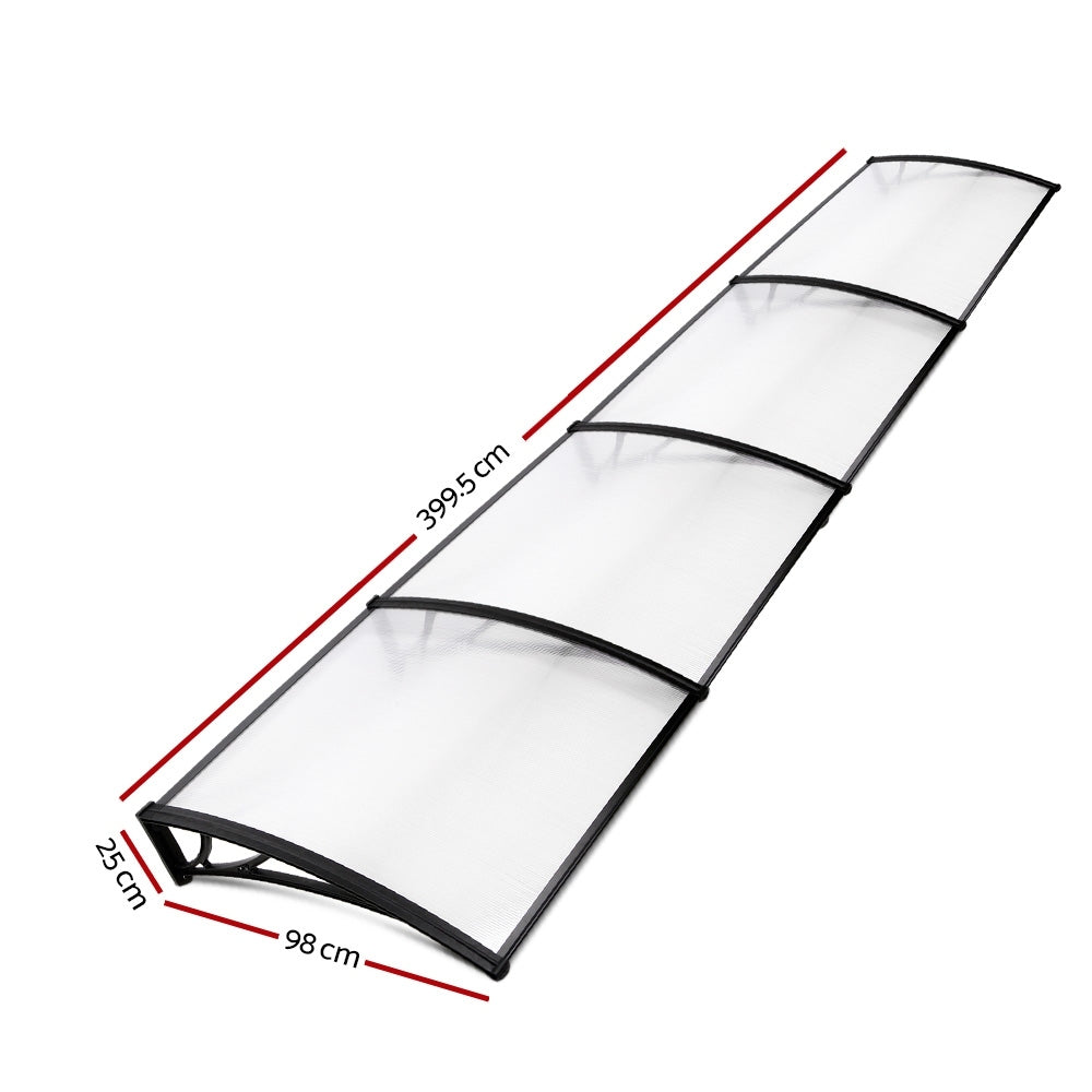 Awnings: Instahut Window Awning Door Canopy 1m x 4m Transparent Sheet Black Plastic Frame