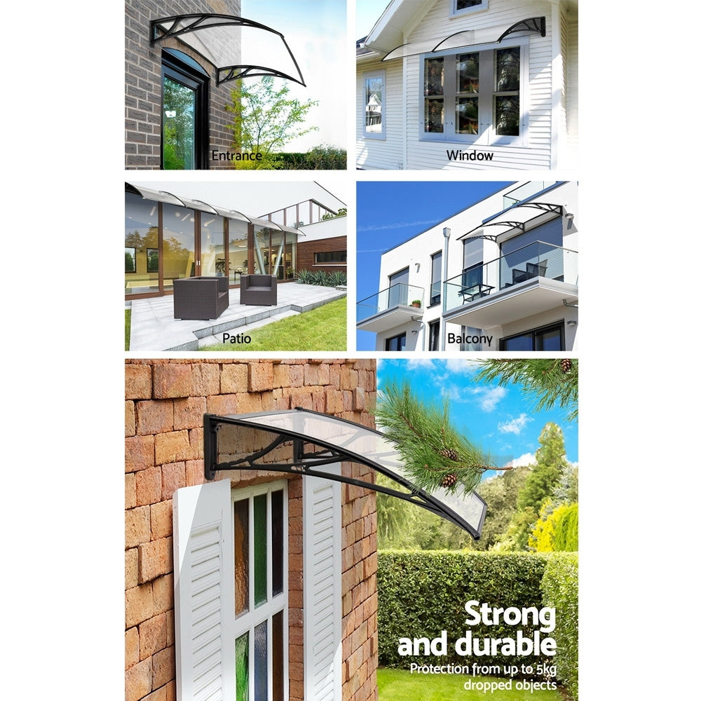 Awnings: Instahut Window Awning Door Canopy 1m x 4m Transparent Sheet Black Plastic Frame