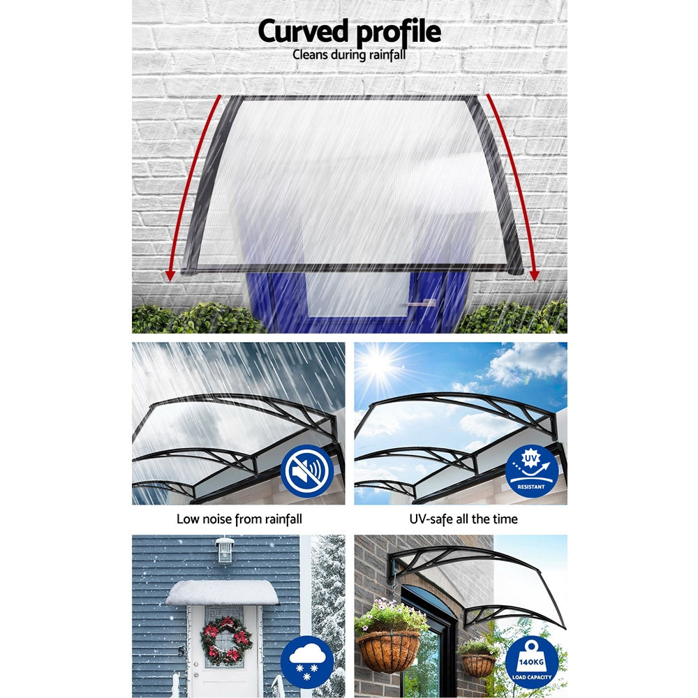 Awnings: Instahut Window Awning Door Canopy 1m x 4m Transparent Sheet Black Plastic Frame