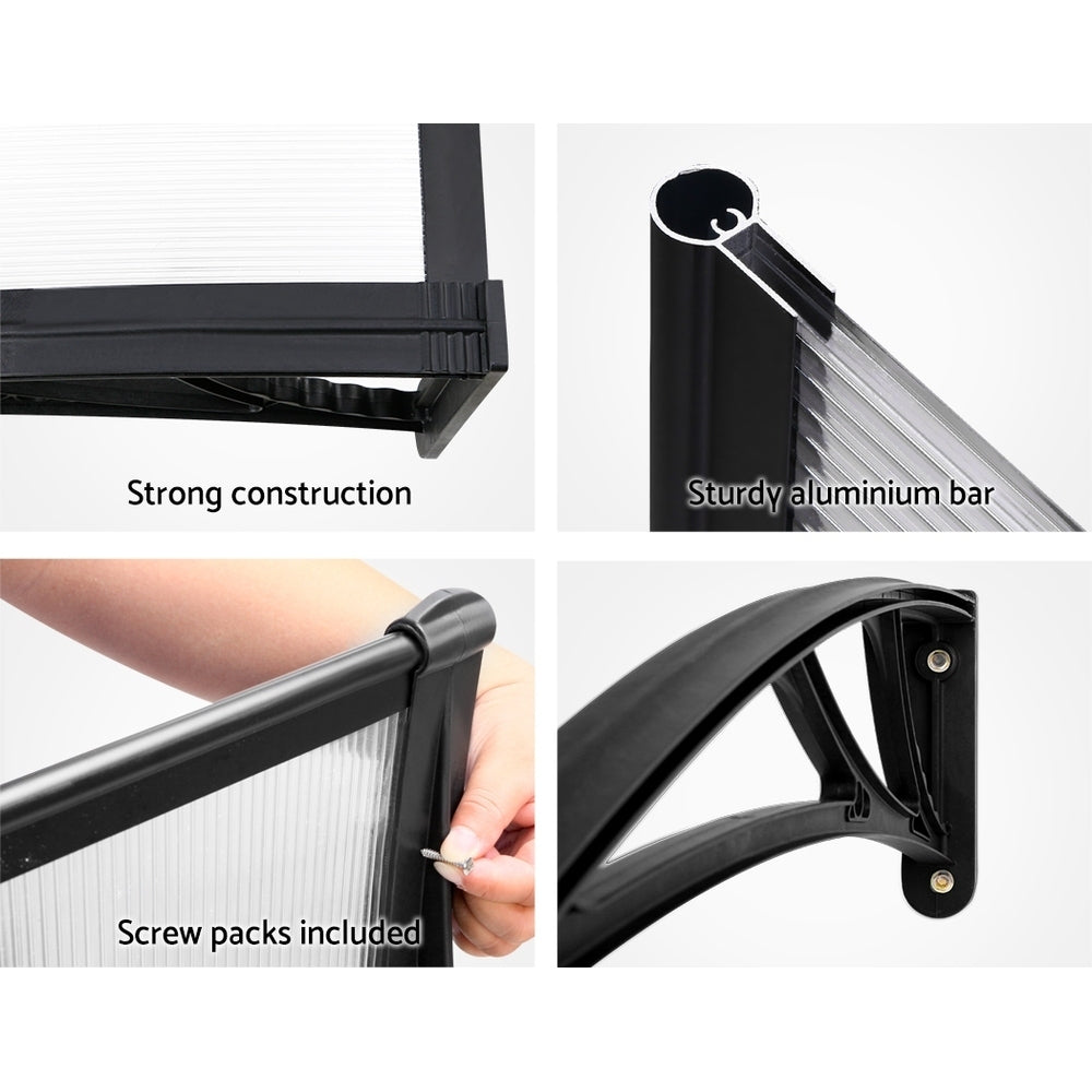 Awnings: Instahut Window Awning Door Canopy 1m x 4m Transparent Sheet Black Plastic Frame